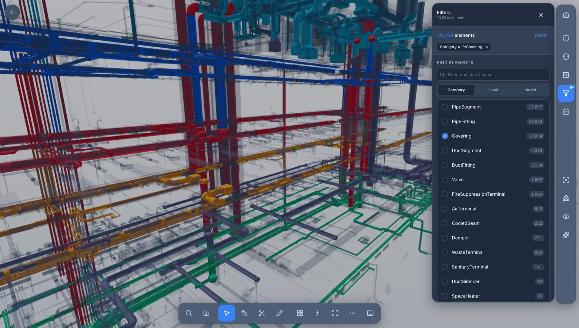 PlanSync 3D IFC viewer showing a filtered MEP model with over ten thousand elements